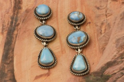 6 Genuine Golden Hill Turquoise Stones Sterling Silver Dangle Earrings